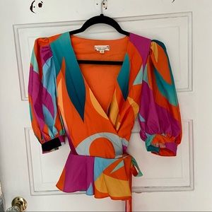 Tea & Cup Puff Sleeve Peplum Wrap Top Blouse Orange Geometric Print